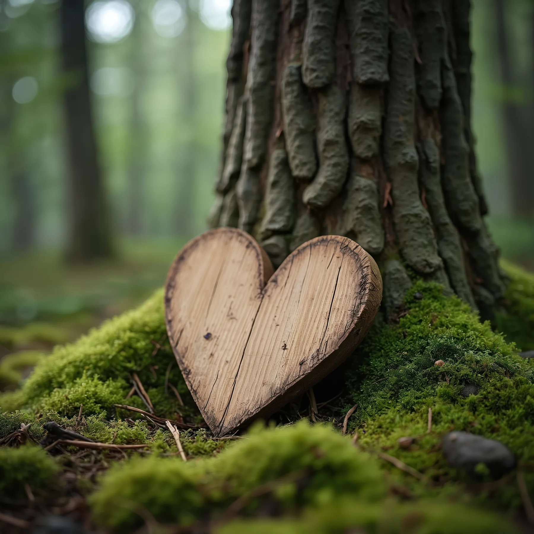 Ein Herz aus Holz lehnt an einem bemoosten Baum