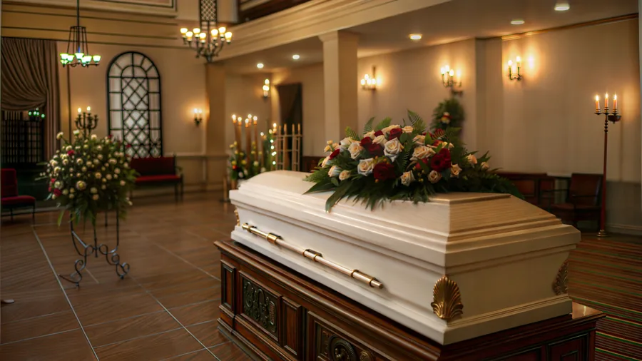 Sarg mit Blumenschmuck in der Trauerhalle