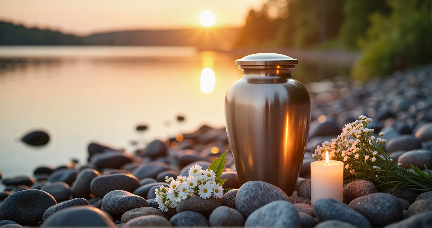Urne mit Kerze und Blumen am Ufer eines Sees im Abendlicht